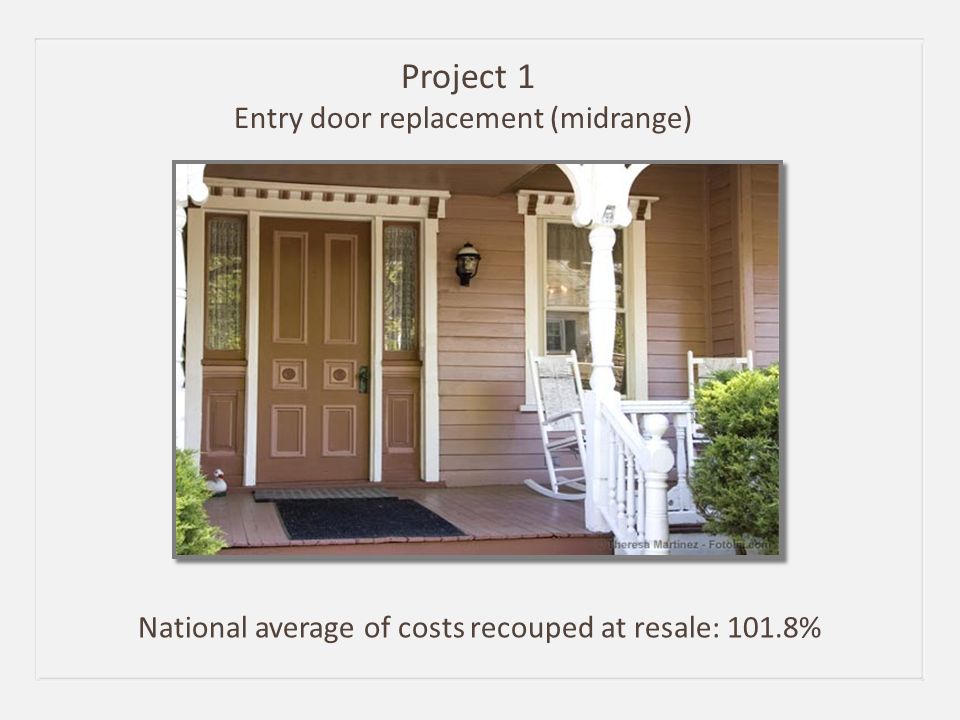 Project 1 Entry door replacement (midrange) National average of costs recouped at resale: 101.8%
