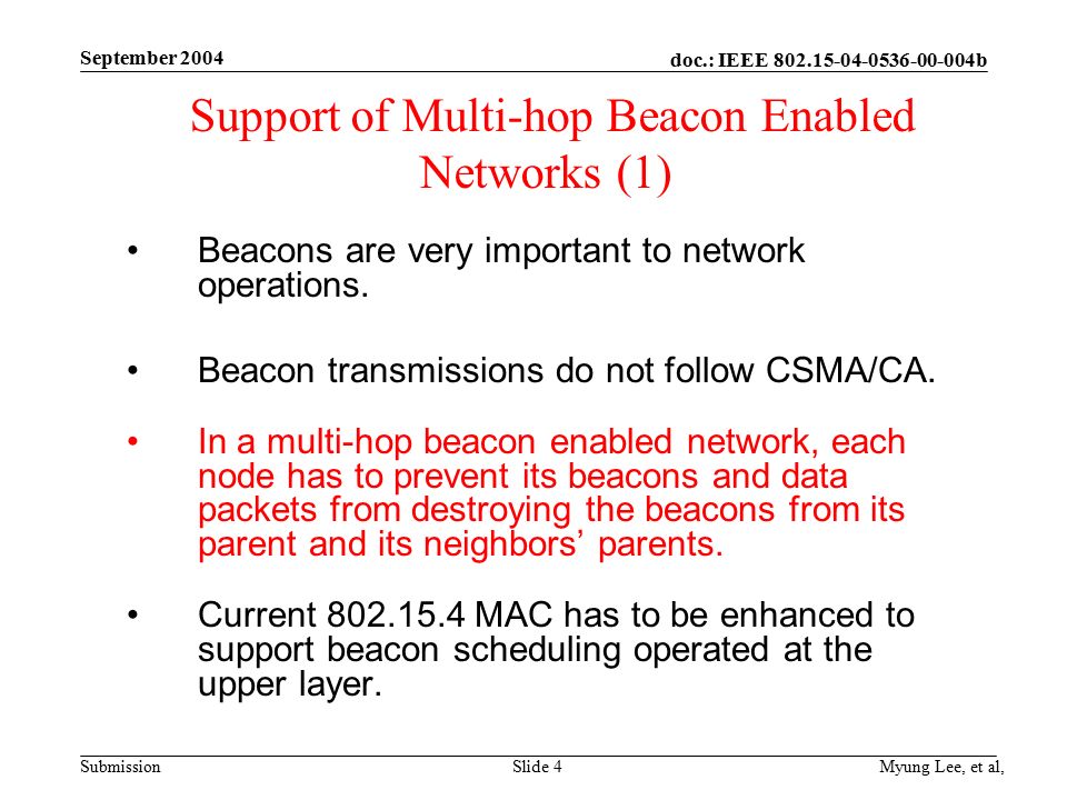 doc.: IEEE b Submission September 2004 Myung Lee, et al,Slide 4 Support of Multi-hop Beacon Enabled Networks (1) Beacons are very important to network operations.