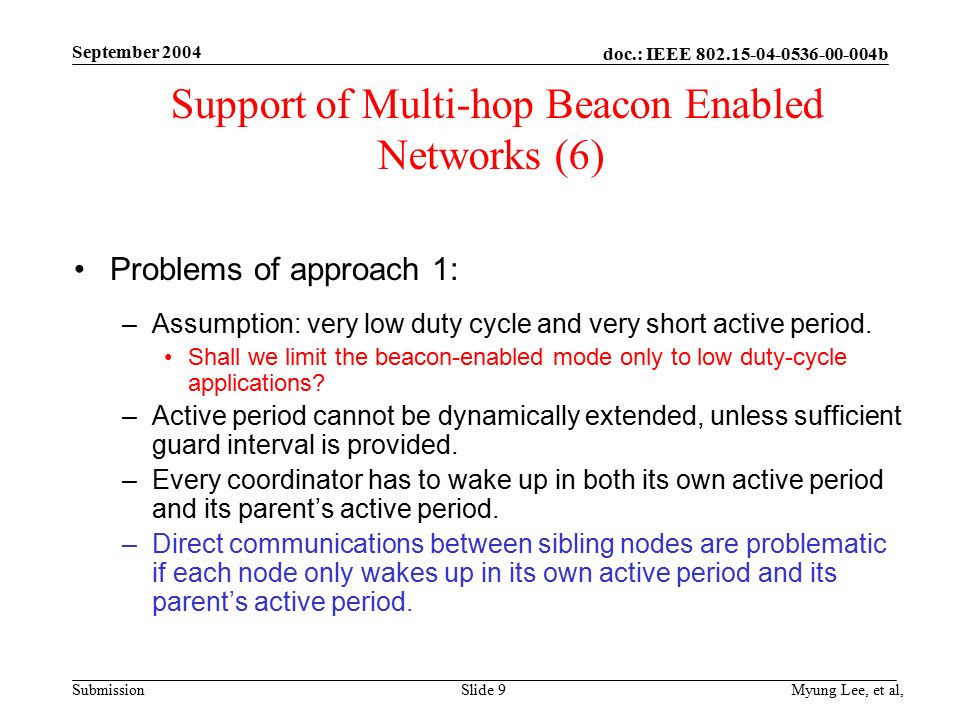 doc.: IEEE b Submission September 2004 Myung Lee, et al,Slide 9 Support of Multi-hop Beacon Enabled Networks (6) Problems of approach 1: –Assumption: very low duty cycle and very short active period.