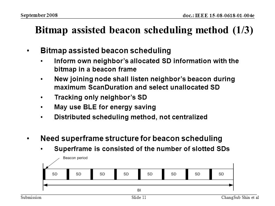 doc.: IEEE e Submission Bitmap assisted beacon scheduling Inform own neighbor’s allocated SD information with the bitmap in a beacon frame New joining node shall listen neighbor’s beacon during maximum ScanDuration and select unallocated SD Tracking only neighbor’s SD May use BLE for energy saving Distributed scheduling method, not centralized Need superframe structure for beacon scheduling Superframe is consisted of the number of slotted SDs Bitmap assisted beacon scheduling method (1/3) ChangSub Shin et alSlide 11 September 2008