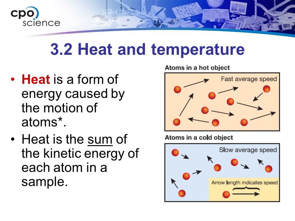 3.2 Heat and temperature Heat is a form of energy caused by the motion of atoms*.