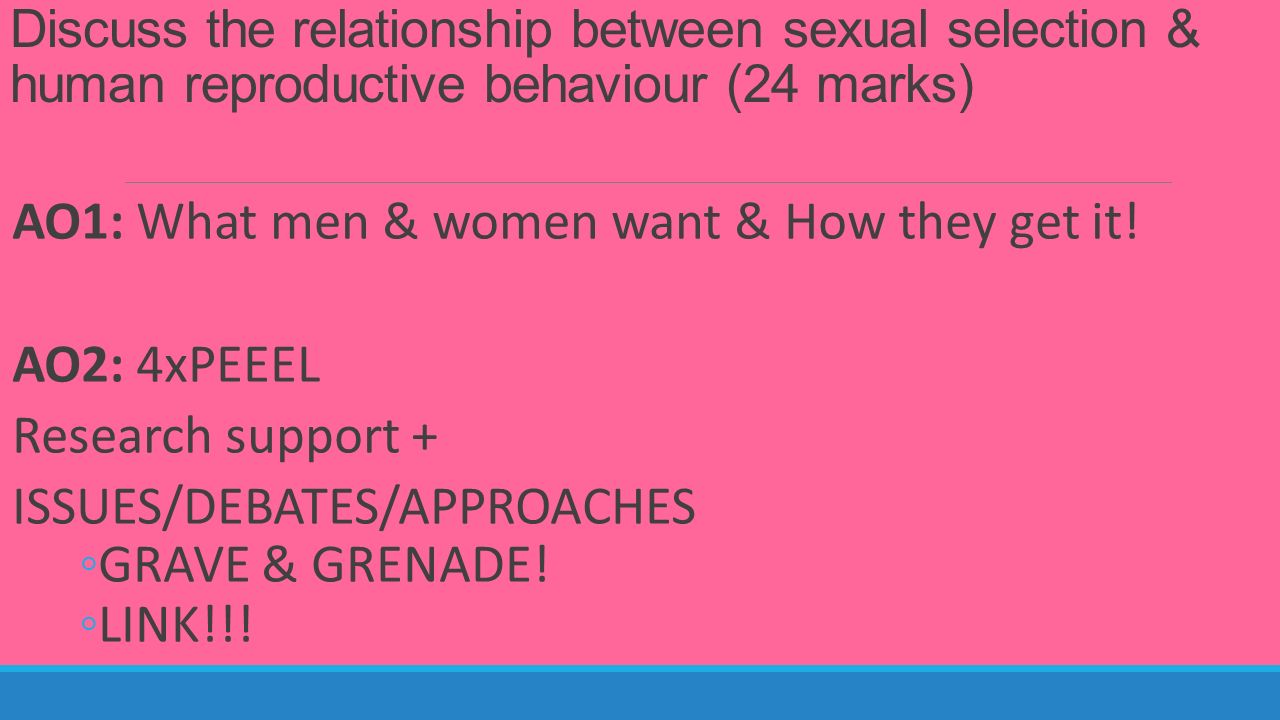 the relationship between sexual selection and human reproductive behaviour essay Discuss the relationship between sexual selection and human reproductive behaviour (8 & 12 marks. the relationship between sexual selection and human reproductive behaviour essay Discuss the relationship between sexual selection and human reproductive behaviour (8 & 12 marks.