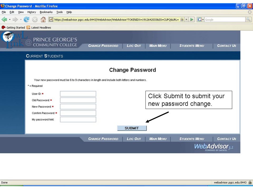 Click Submit to submit your new password change.