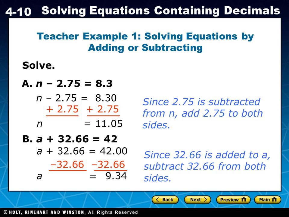 Holt Ca Course Solving Equations Containing Decimals Af1 1 Write Holt Ca Course 1 4 10 Solving Equations Containing Decimals Solve
