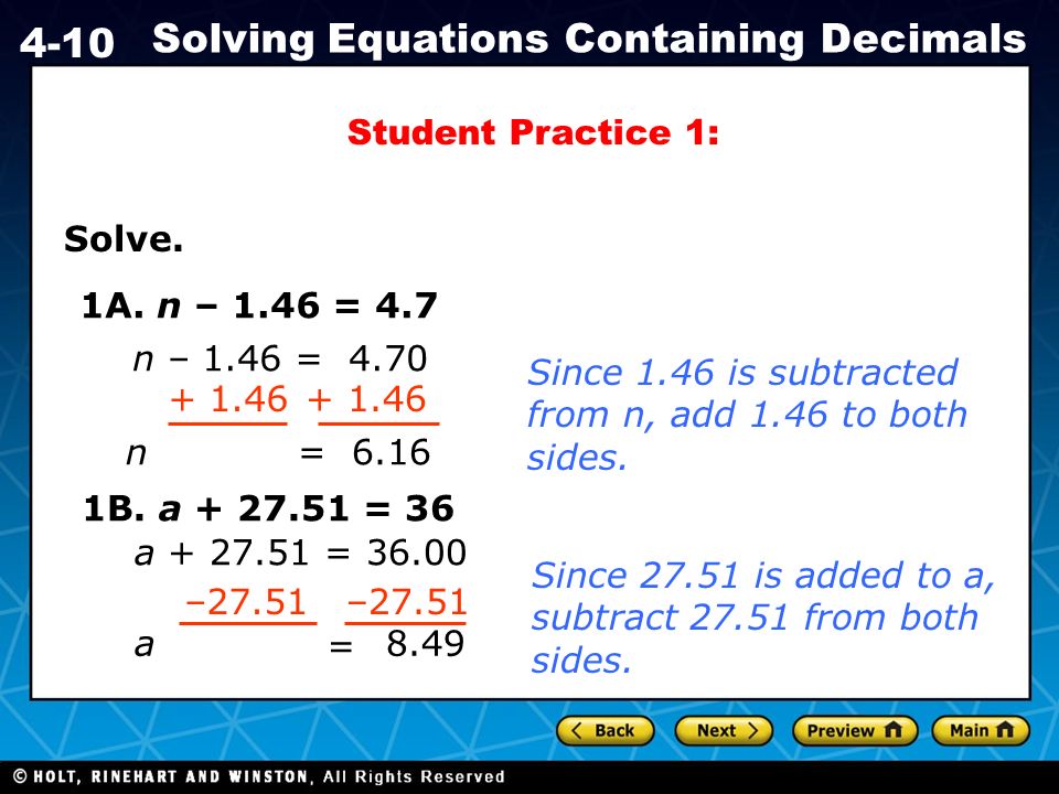 Holt Ca Course Solving Equations Containing Decimals Af1 1 Write Holt Ca Course 1 4 10 Solving Equations Containing Decimals Solve