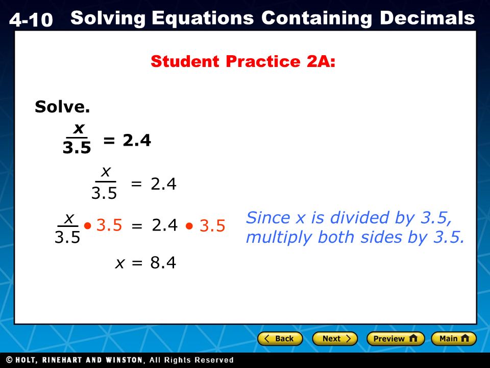 Holt Ca Course Solving Equations Containing Decimals Af1 1 Write Holt Ca Course 1 4 10 Solving Equations Containing Decimals Solve