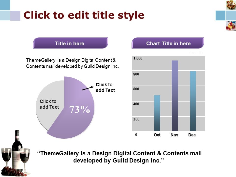 Click to edit title style 73% ,000 OctNovDec (unit: $) ThemeGallery is a Design Digital Content & Contents mall developed by Guild Design Inc.