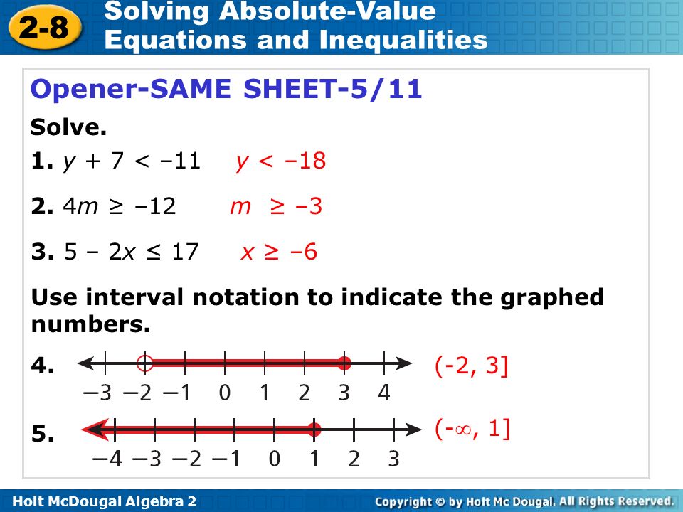 Holt Mcdougal Algebra Solving Absolute Value Equations And 2 8 Solving Absolute Value Equations And Inequalities Opener Same Sheet 5