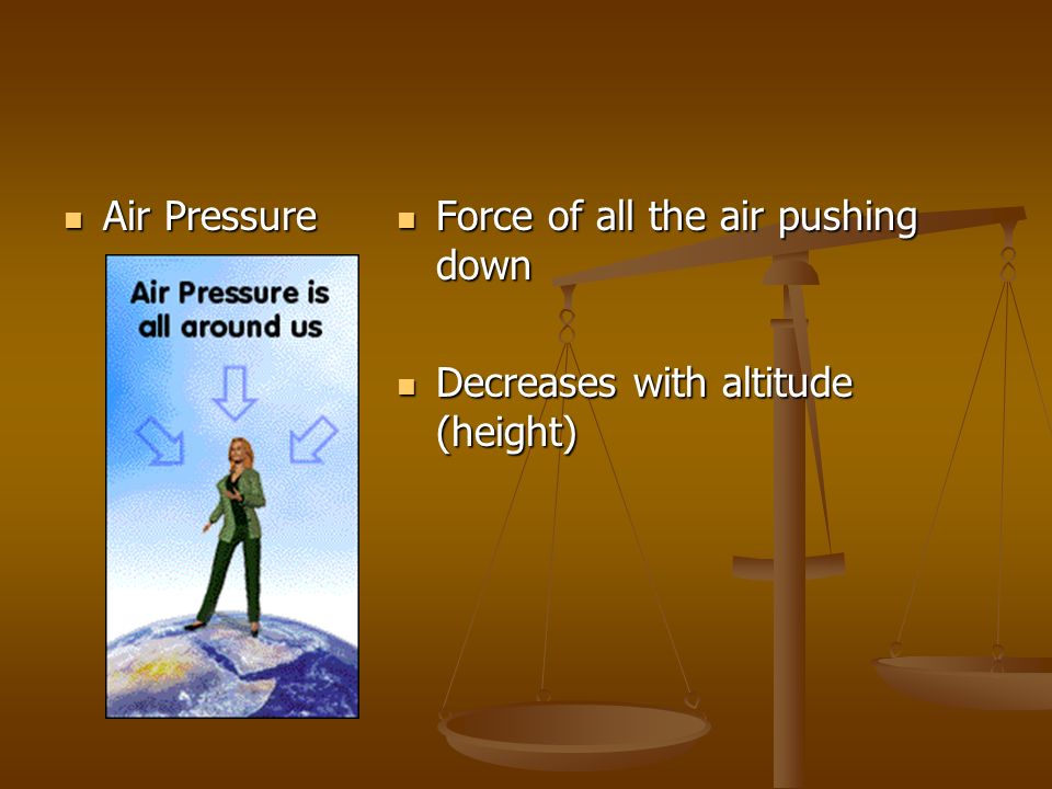 Air Pressure Air Pressure Force of all the air pushing down Decreases with altitude (height)