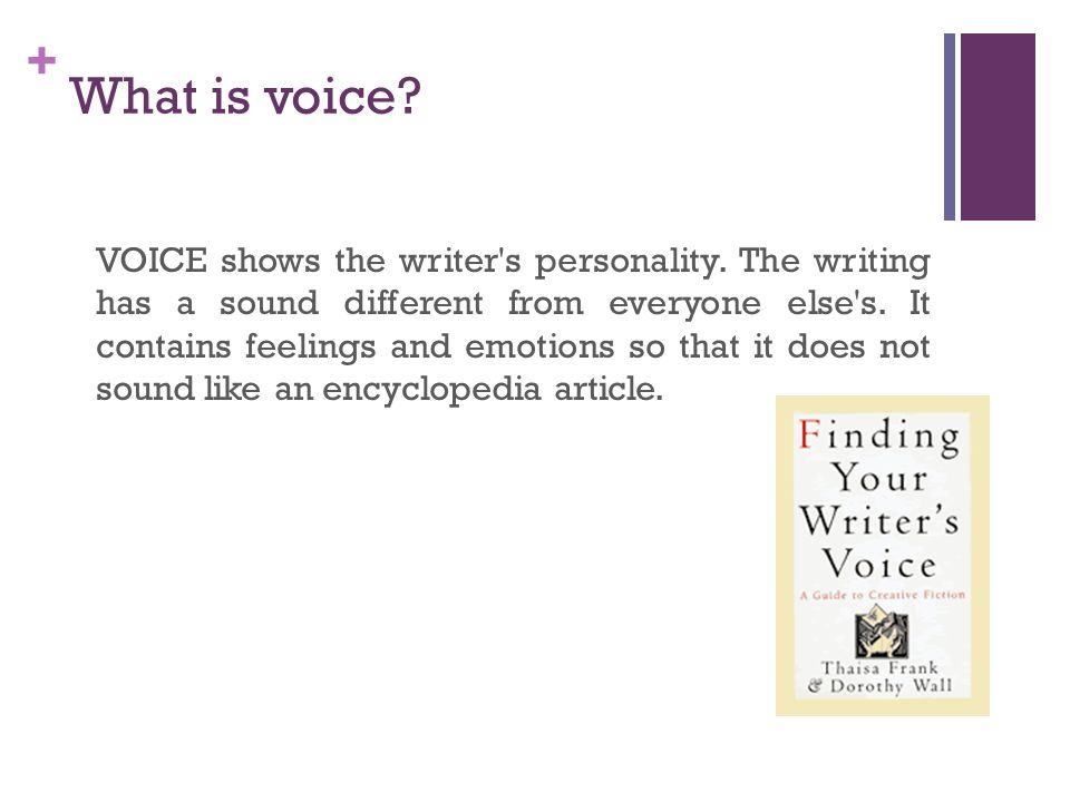 + What is voice. VOICE shows the writer s personality.