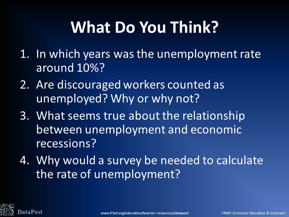 What Do You Think. 1.In which years was the unemployment rate around 10%.