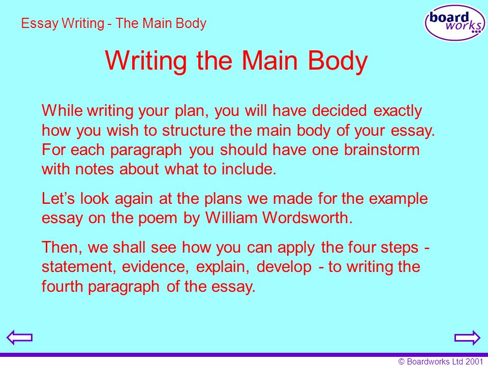 body of essay writing Clrc writing center body paragraphs most essays include three components: an introduction, a body, and a conclusion typically, the body develops the main idea of the paper in a series of paragraphs. body of essay writing Clrc writing center body paragraphs most essays include three components: an introduction, a body, and a conclusion typically, the body develops the main idea of the paper in a series of paragraphs.