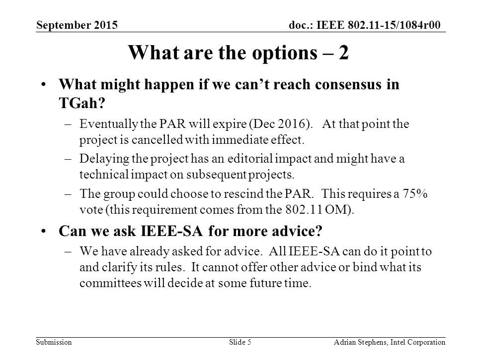 doc.: IEEE /1084r00 Submission What are the options – 2 What might happen if we can’t reach consensus in TGah.