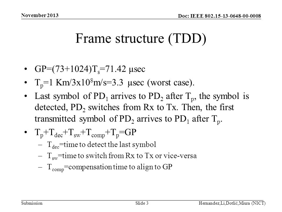 Doc: IEEE Submission Frame structure (TDD) GP=( )T s =71.42 µsec T p =1 Km/3x10 8 m/s=3.3 µsec (worst case).