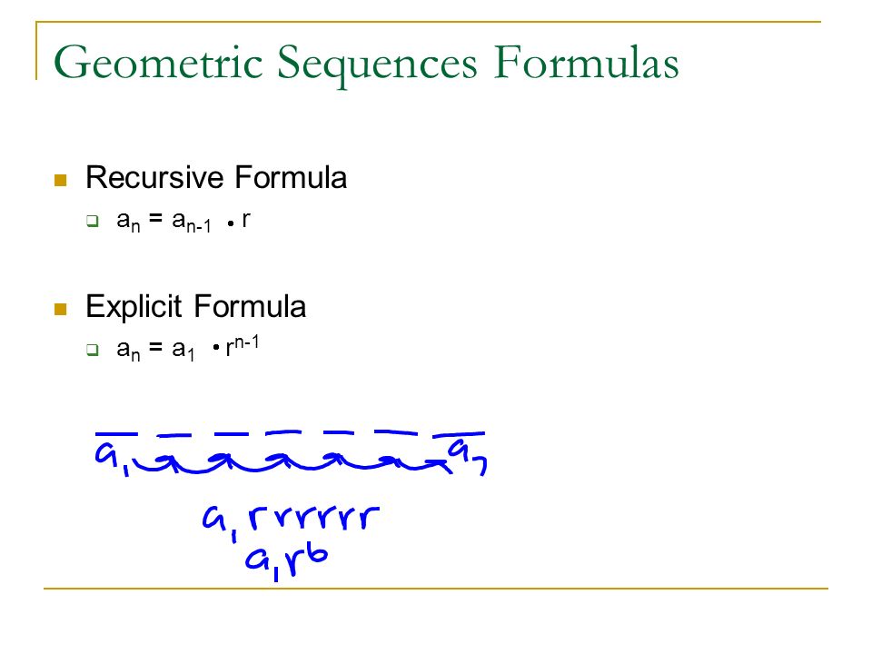 Geometric Sequences Formulas Recursive Formula  a n = a n-1 r Explicit Formula  a n = a 1 r n-1