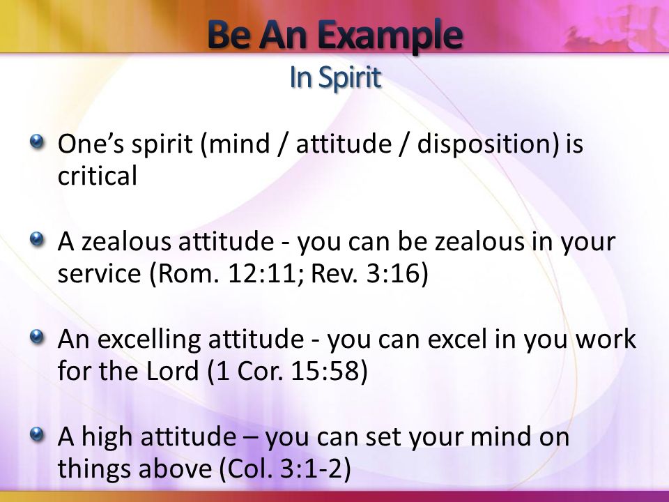One’s spirit (mind / attitude / disposition) is critical A zealous attitude - you can be zealous in your service (Rom.
