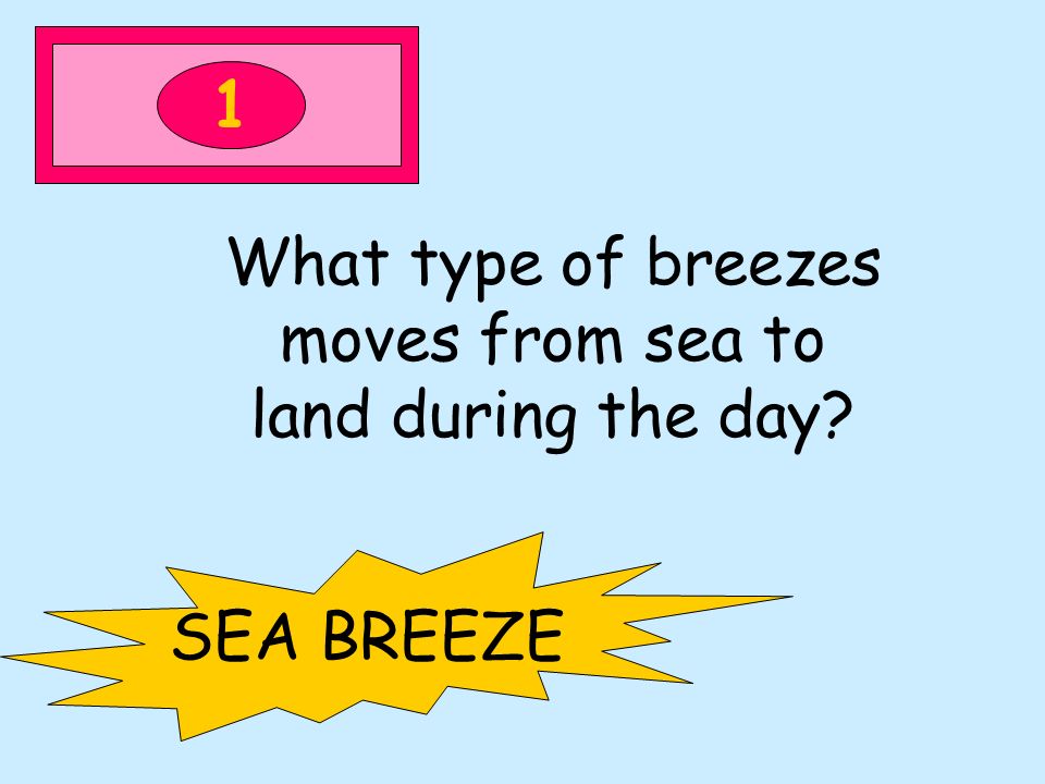 1 What type of breezes moves from sea to land during the day SEA BREEZE