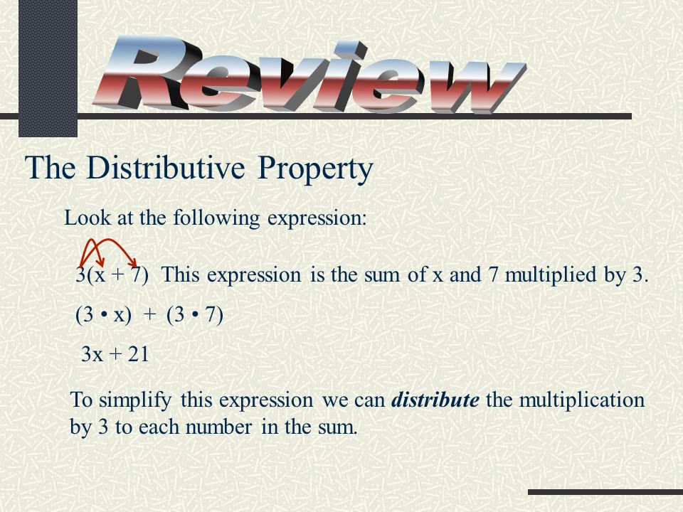The Distributive Property Look at the following expression: 3(x + 7) This expression is the sum of x and 7 multiplied by 3.