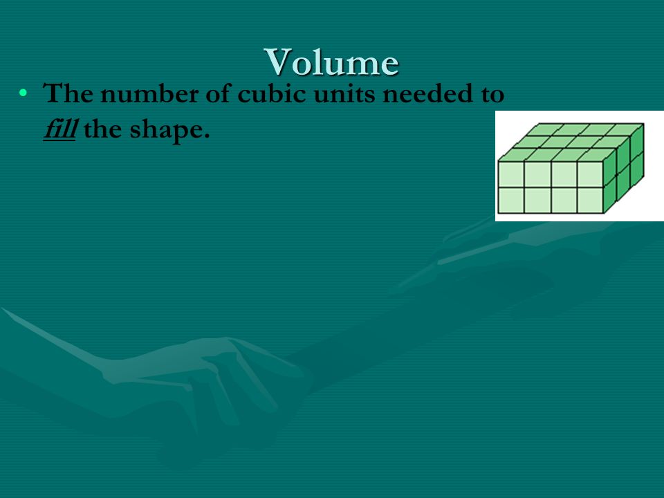 Volume The number of cubic units needed to fill the shape.
