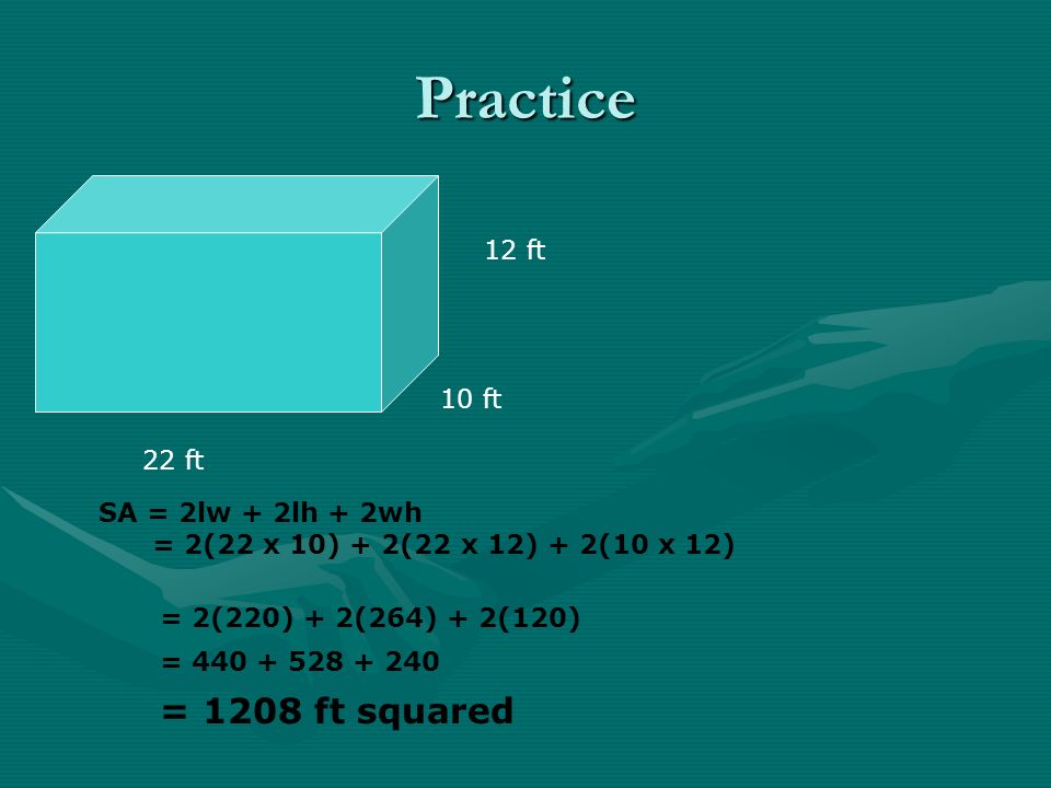 Practice 10 ft 12 ft 22 ft SA = 2lw + 2lh + 2wh = 2(22 x 10) + 2(22 x 12) + 2(10 x 12) = 2(220) + 2(264) + 2(120) = = 1208 ft squared