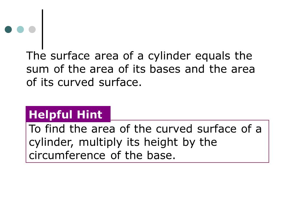 The surface area of a cylinder equals the sum of the area of its bases and the area of its curved surface.