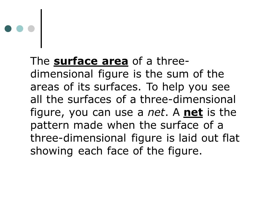 The surface area of a three- dimensional figure is the sum of the areas of its surfaces.