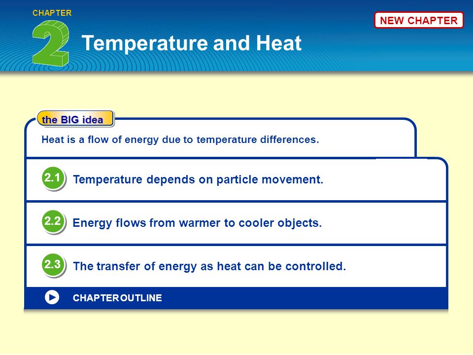 Temperature and Heat CHAPTER the BIG idea CHAPTER OUTLINE Heat is a flow of energy due to temperature differences.