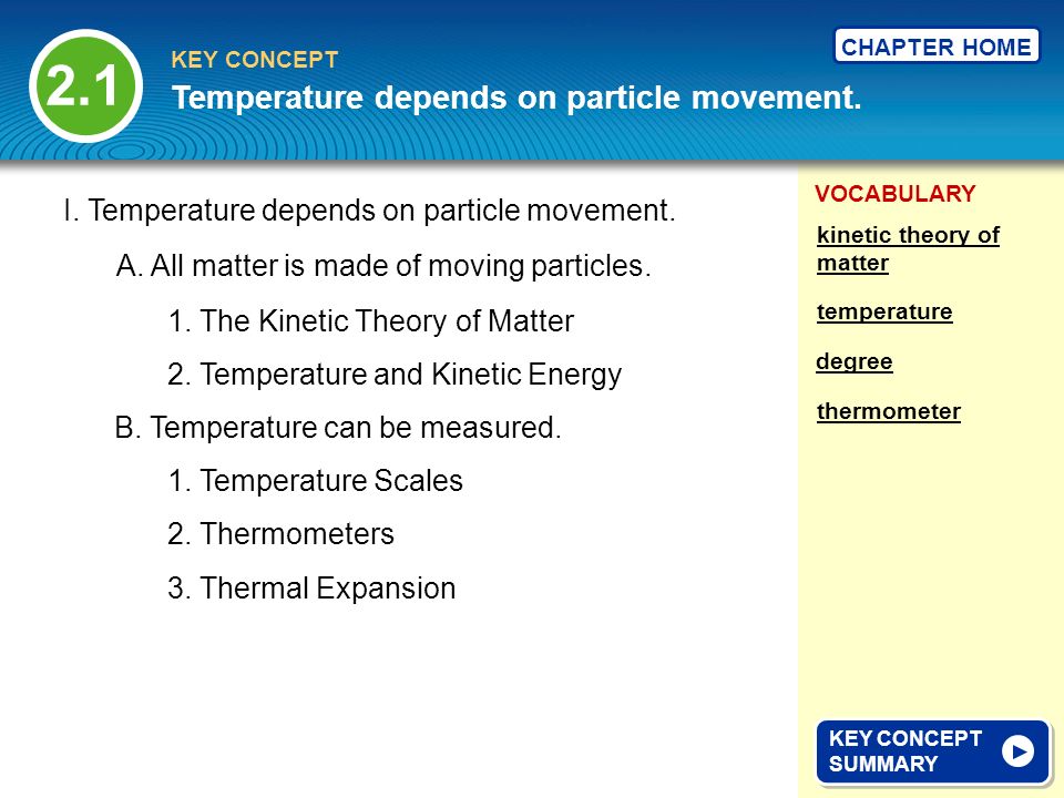 VOCABULARY KEY CONCEPT CHAPTER HOME I. Temperature depends on particle movement.