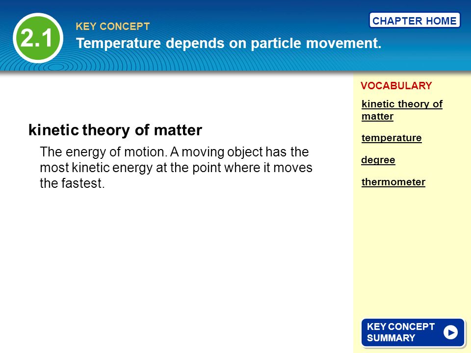 VOCABULARY KEY CONCEPT CHAPTER HOME The energy of motion.
