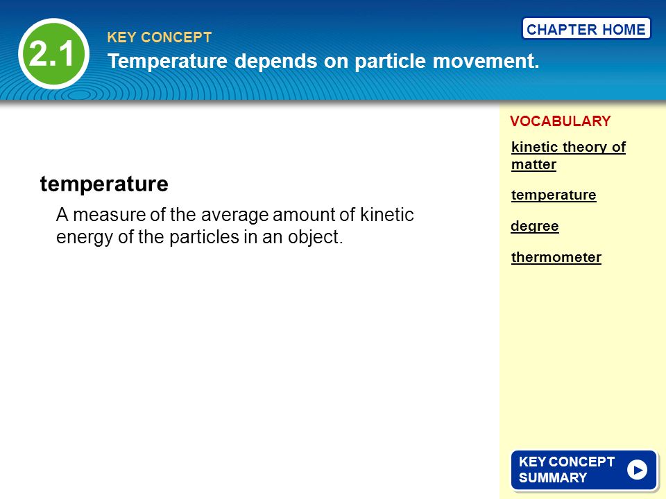 VOCABULARY KEY CONCEPT CHAPTER HOME A measure of the average amount of kinetic energy of the particles in an object.