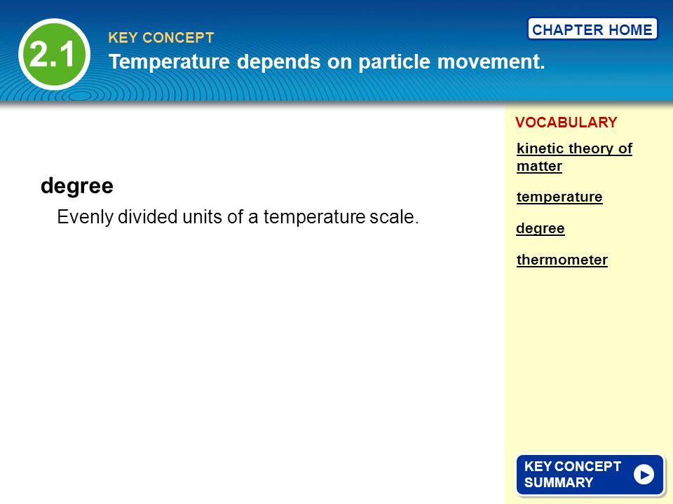 VOCABULARY KEY CONCEPT CHAPTER HOME Evenly divided units of a temperature scale.