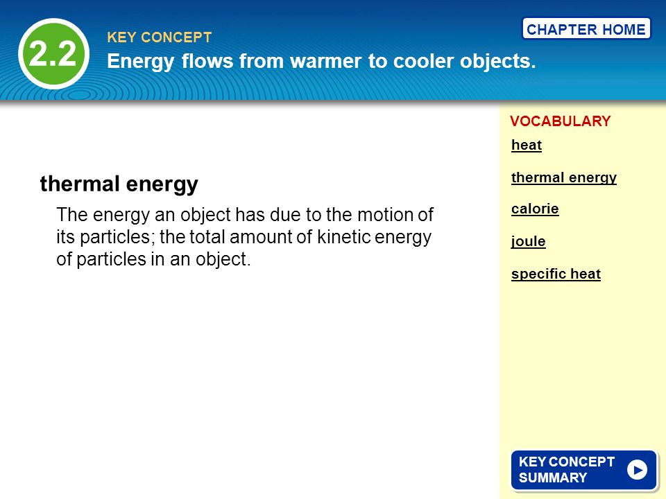 VOCABULARY KEY CONCEPT CHAPTER HOME The energy an object has due to the motion of its particles; the total amount of kinetic energy of particles in an object.