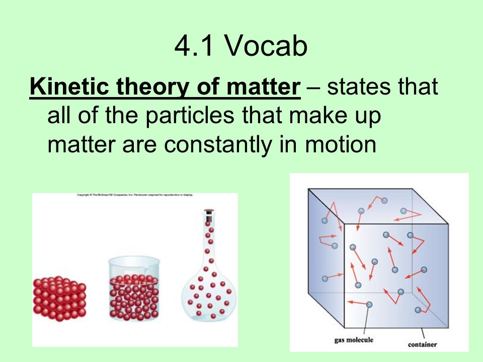 4.1 Vocab Kinetic theory of matter – states that all of the particles that make up matter are constantly in motion
