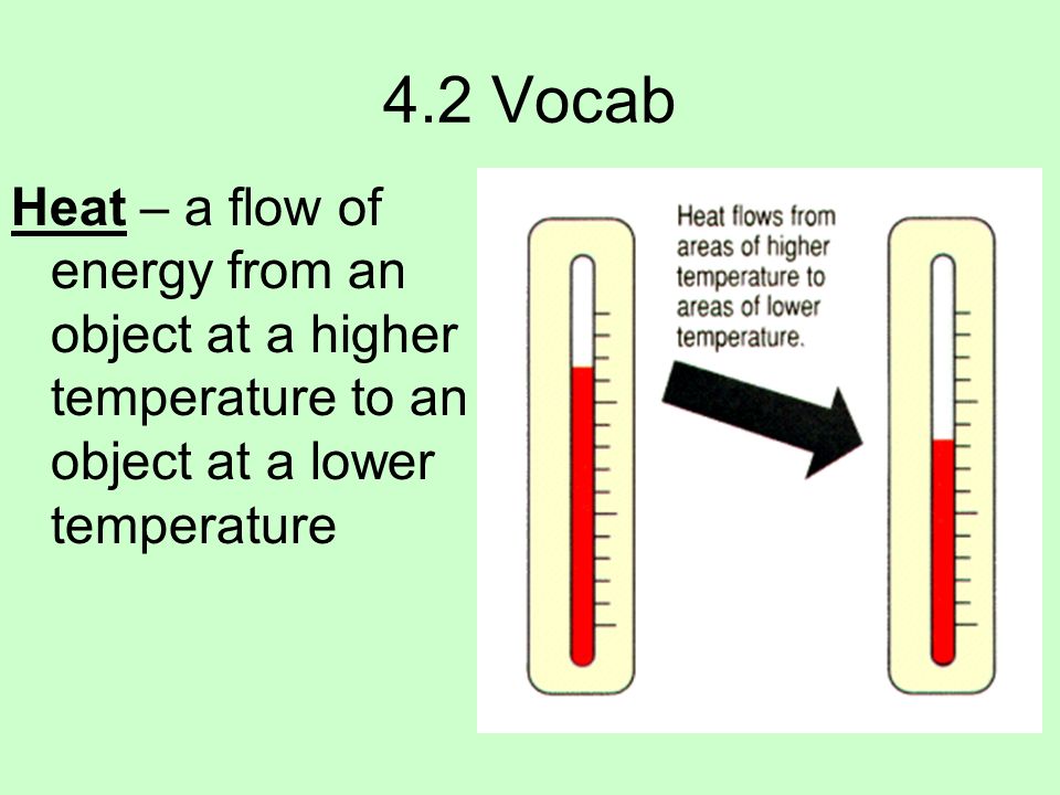4.2 Vocab Heat – a flow of energy from an object at a higher temperature to an object at a lower temperature