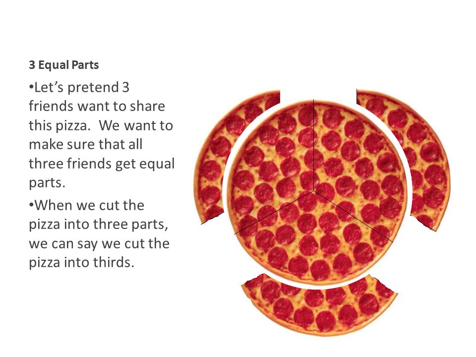 3 Equal Parts Let’s pretend 3 friends want to share this pizza.