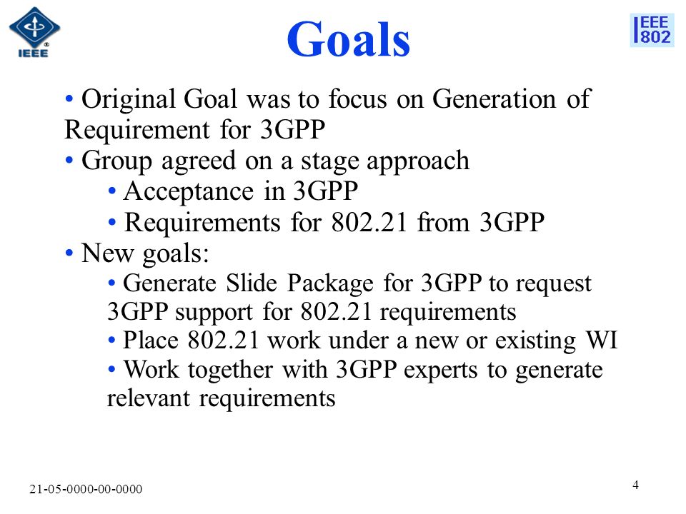 Goals Original Goal was to focus on Generation of Requirement for 3GPP Group agreed on a stage approach Acceptance in 3GPP Requirements for from 3GPP New goals: Generate Slide Package for 3GPP to request 3GPP support for requirements Place work under a new or existing WI Work together with 3GPP experts to generate relevant requirements