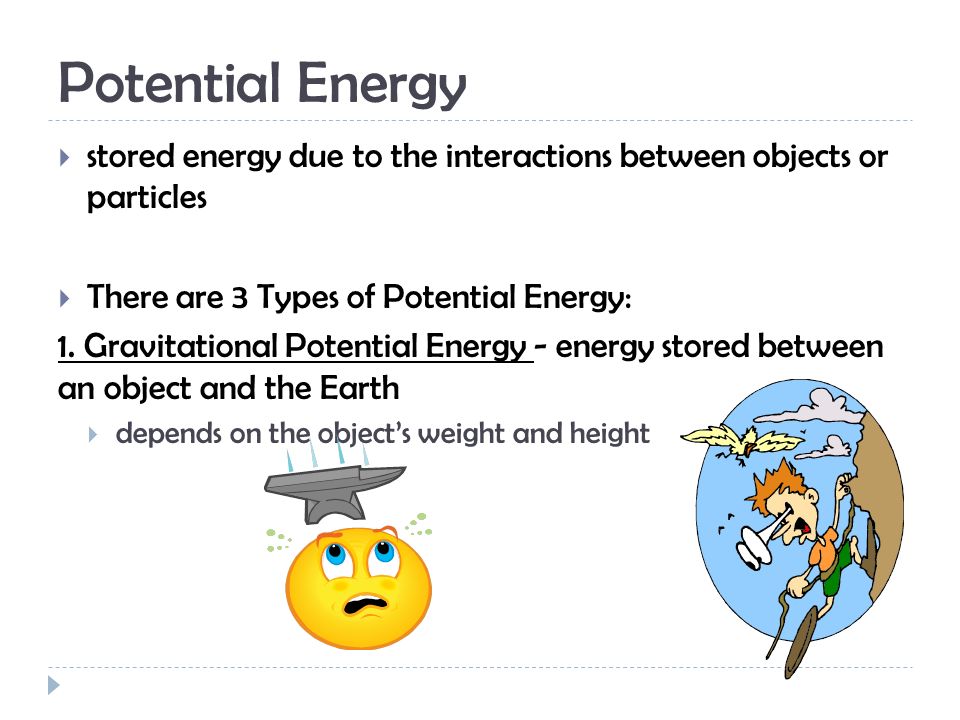 Potential Energy  stored energy due to the interactions between objects or particles  There are 3 Types of Potential Energy: 1.