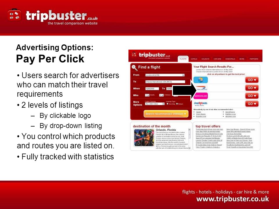 Advertising Options: Pay Per Click Users search for advertisers who can match their travel requirements 2 levels of listings –By clickable logo –By drop-down listing You control which products and routes you are listed on.