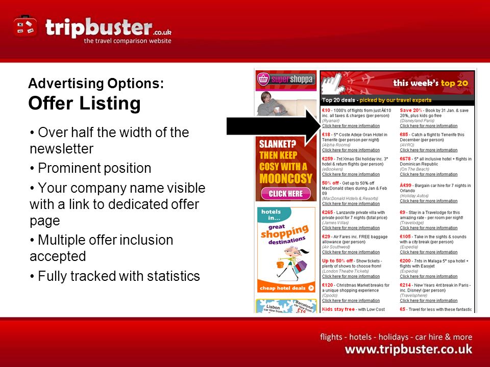 Advertising Options: Offer Listing Over half the width of the newsletter Prominent position Your company name visible with a link to dedicated offer page Multiple offer inclusion accepted Fully tracked with statistics