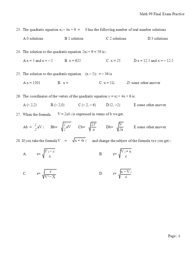 4 5 Practice Quadratic Equations Tessshlo Simplify X 4 Page 1 Math 99 Final Exam Practice Section Example Solve Quadratic Equations The Equation