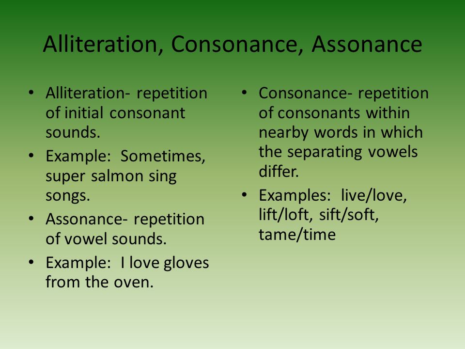 repetition of sounds Consonance is the repetition of a consonant sound at the middle or end of a word for example. repetition of sounds Consonance is the repetition of a consonant sound at the middle or end of a word for example.