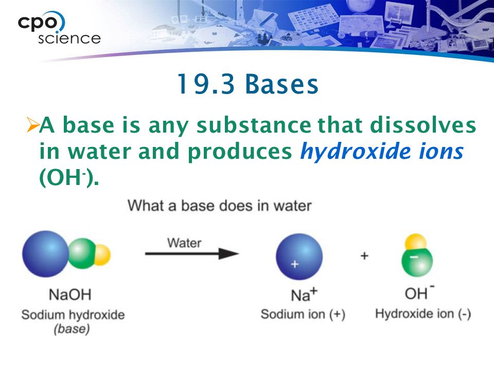 19.3 Bases  A base is any substance that dissolves in water and produces hydroxide ions (OH - ).