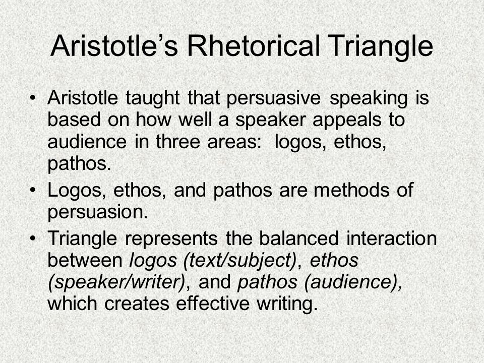 Aristotle’s Rhetorical Triangle Aristotle taught that persuasive speaking is based on how well a speaker appeals to audience in three areas: logos, ethos, pathos.