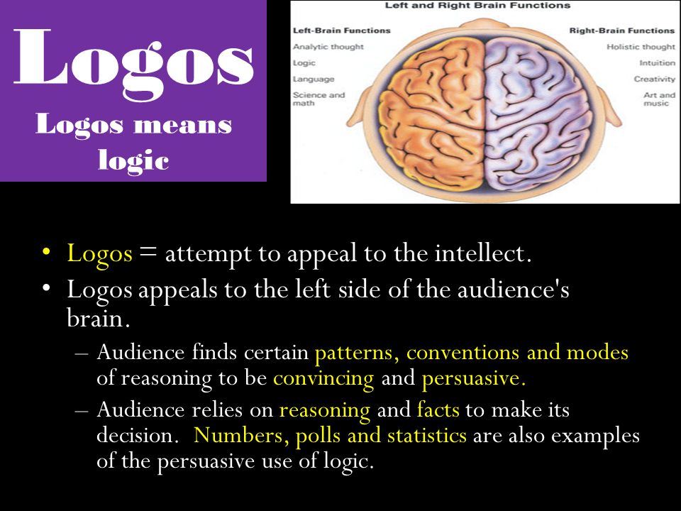 Logos Logos means logic Logos = attempt to appeal to the intellect.