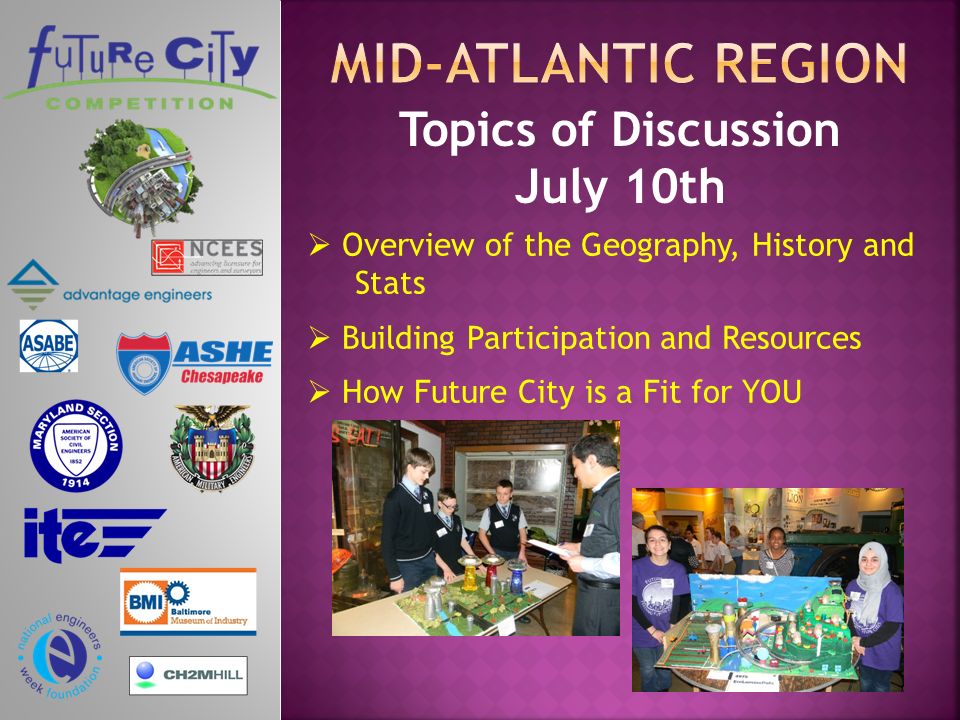 Topics of Discussion July 10th  Overview of the Geography, History and Stats  Building Participation and Resources  How Future City is a Fit for YOU