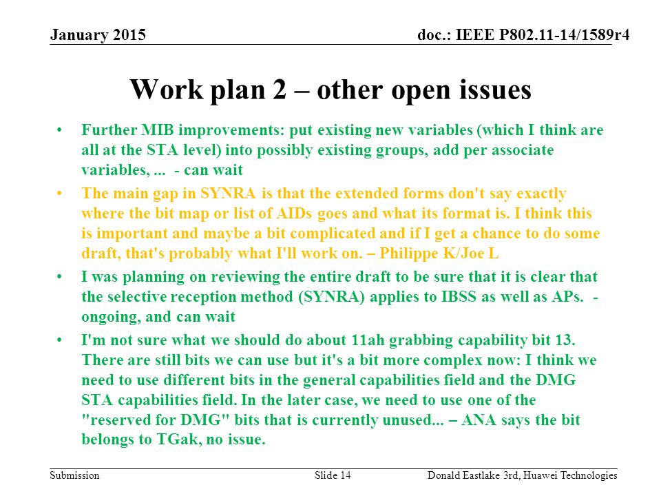 doc.: IEEE P /1589r4 Submission Work plan 2 – other open issues Further MIB improvements: put existing new variables (which I think are all at the STA level) into possibly existing groups, add per associate variables,...