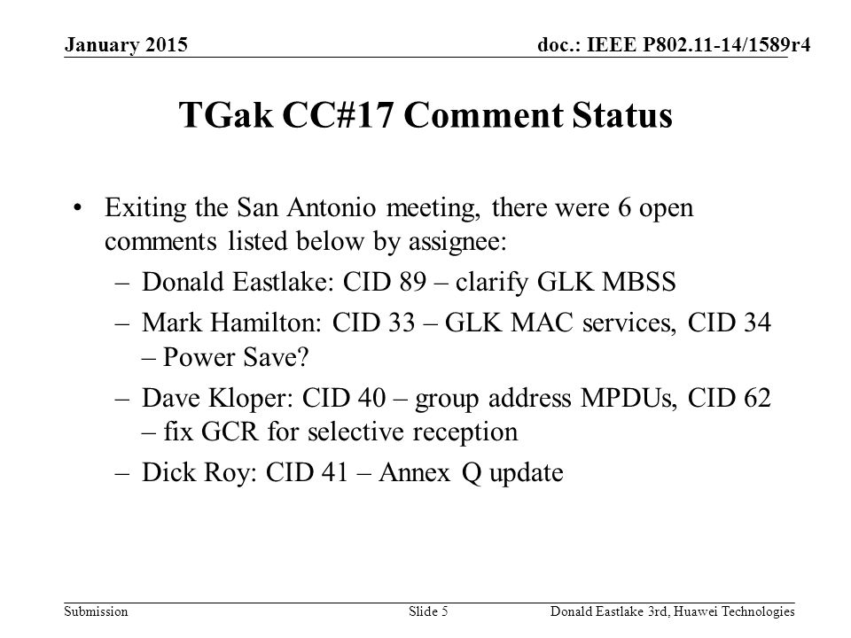 doc.: IEEE P /1589r4 Submission TGak CC#17 Comment Status Exiting the San Antonio meeting, there were 6 open comments listed below by assignee: –Donald Eastlake: CID 89 – clarify GLK MBSS –Mark Hamilton: CID 33 – GLK MAC services, CID 34 – Power Save.
