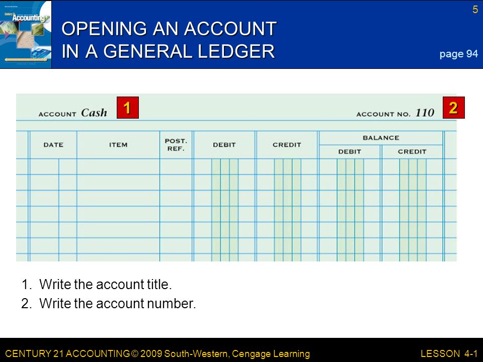 CENTURY 21 ACCOUNTING © 2009 South-Western, Cengage Learning 5 LESSON Write the account title.