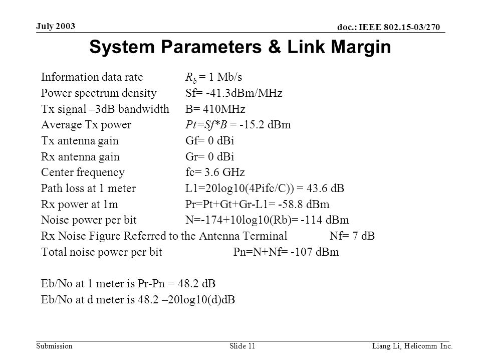 doc.: IEEE /270 Submission July 2003 Liang Li, Helicomm Inc.Slide 11 System Parameters & Link Margin Information data rateR b = 1 Mb/s Power spectrum density Sf= -41.3dBm/MHz Tx signal –3dB bandwidthB= 410MHz Average Tx powerPt=Sf*B  = dBm Tx antenna gain Gf= 0 dBi Rx antenna gain Gr= 0 dBi Center frequency fc= 3.6 GHz Path loss at 1 meter L1=20log10(4Pifc/C)) = 43.6 dB Rx power at 1m Pr=Pt+Gt+Gr-L1= dBm Noise power per bitN= log10(Rb)= -114 dBm Rx Noise Figure Referred to the Antenna TerminalNf= 7 dB Total noise power per bitPn=N+Nf= -107 dBm Eb/No at 1 meter is Pr-Pn = 48.2 dB Eb/No at d meter is 48.2 –20log10(d)dB