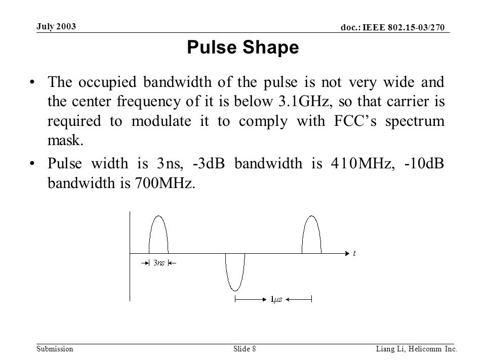 doc.: IEEE /270 Submission July 2003 Liang Li, Helicomm Inc.Slide 8 Pulse Shape The occupied bandwidth of the pulse is not very wide and the center frequency of it is below 3.1GHz, so that carrier is required to modulate it to comply with FCC’s spectrum mask.